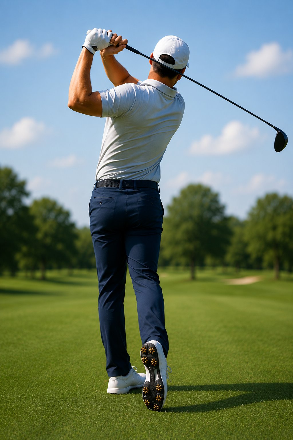 Golfer beim Schwung – Ansicht von hinten